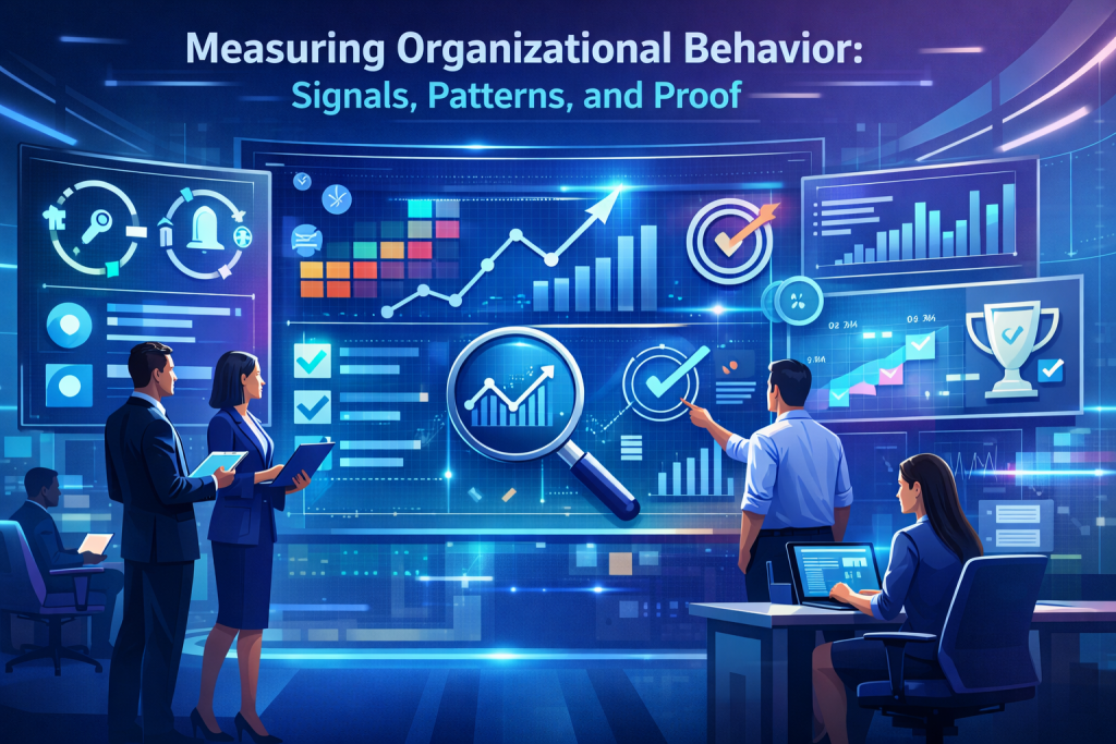 Digital illustration of organizational leaders analyzing dashboards with behavioral signals, patterns, trend lines, and proof-based metrics in a professional corporate setting.