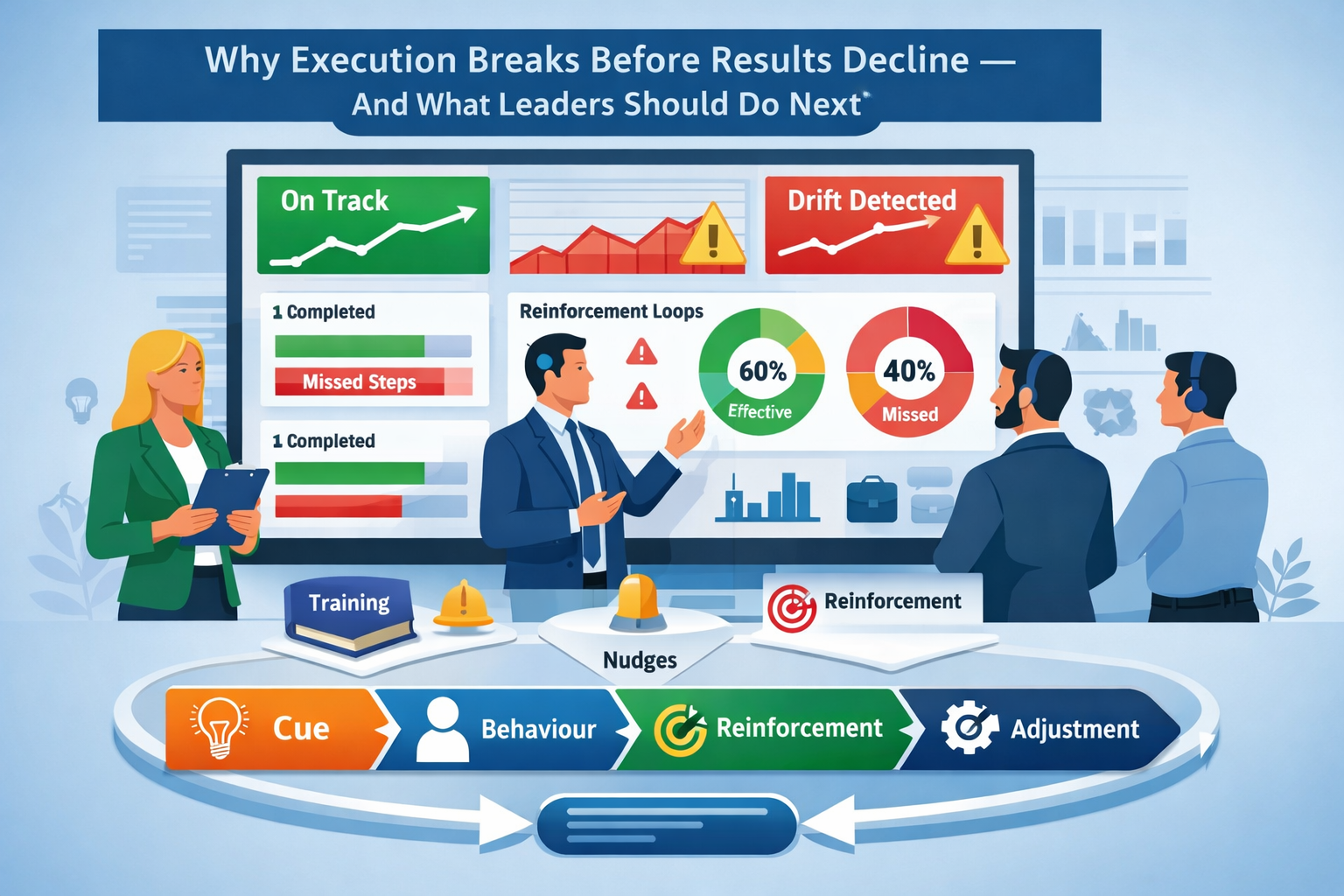 Leaders analyzing behaviour loops and execution metrics on a business dashboard to prevent execution breakdowns before results decline.
