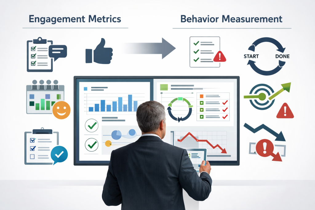 Comparison of behavior measurement vs engagement metrics showing execution visibility for business leaders.