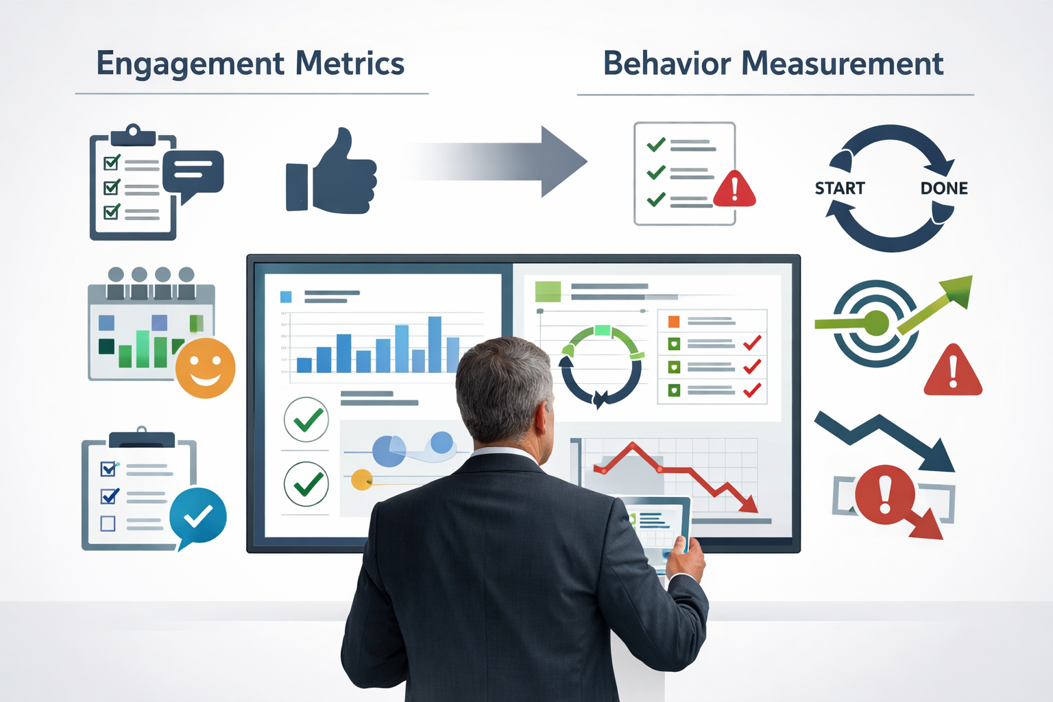 Comparison of behavior measurement vs engagement metrics showing execution visibility for business leaders.