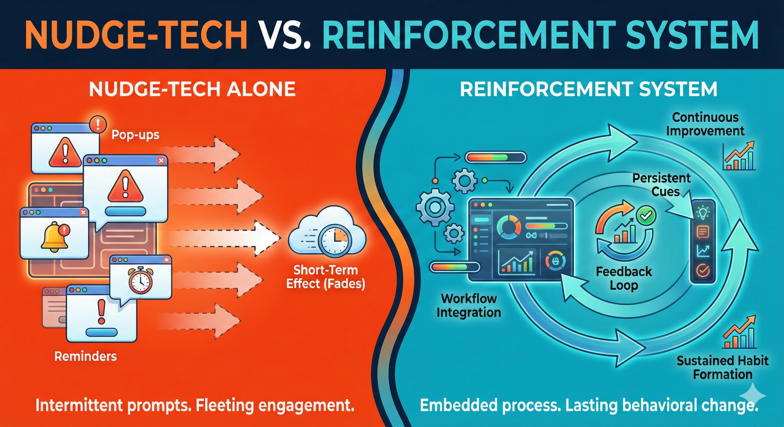 Comparison of nudge-tech alone versus reinforcement systems in stabilizing workplace execution.