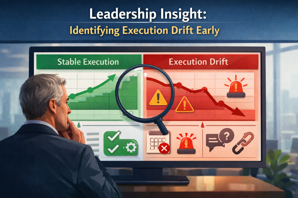 Leadership reviewing execution dashboard highlighting early signs of execution drift versus stable execution for leadership insight and decision governance.