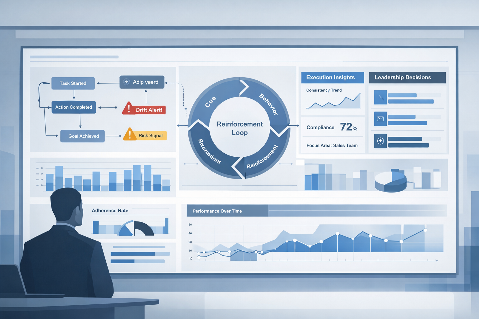 Dashboard illustration showing behaviour analytics signals, reinforcement loops, and execution visibility across an organization, helping leaders detect drift and guide follow-through.