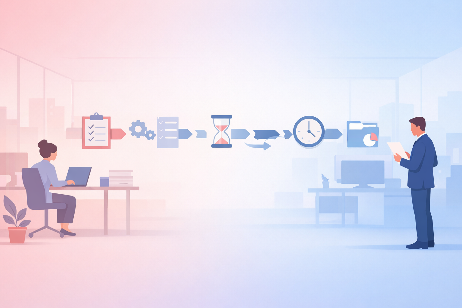 Illustration showing a workflow timeline gradually breaking down in a corporate setting.