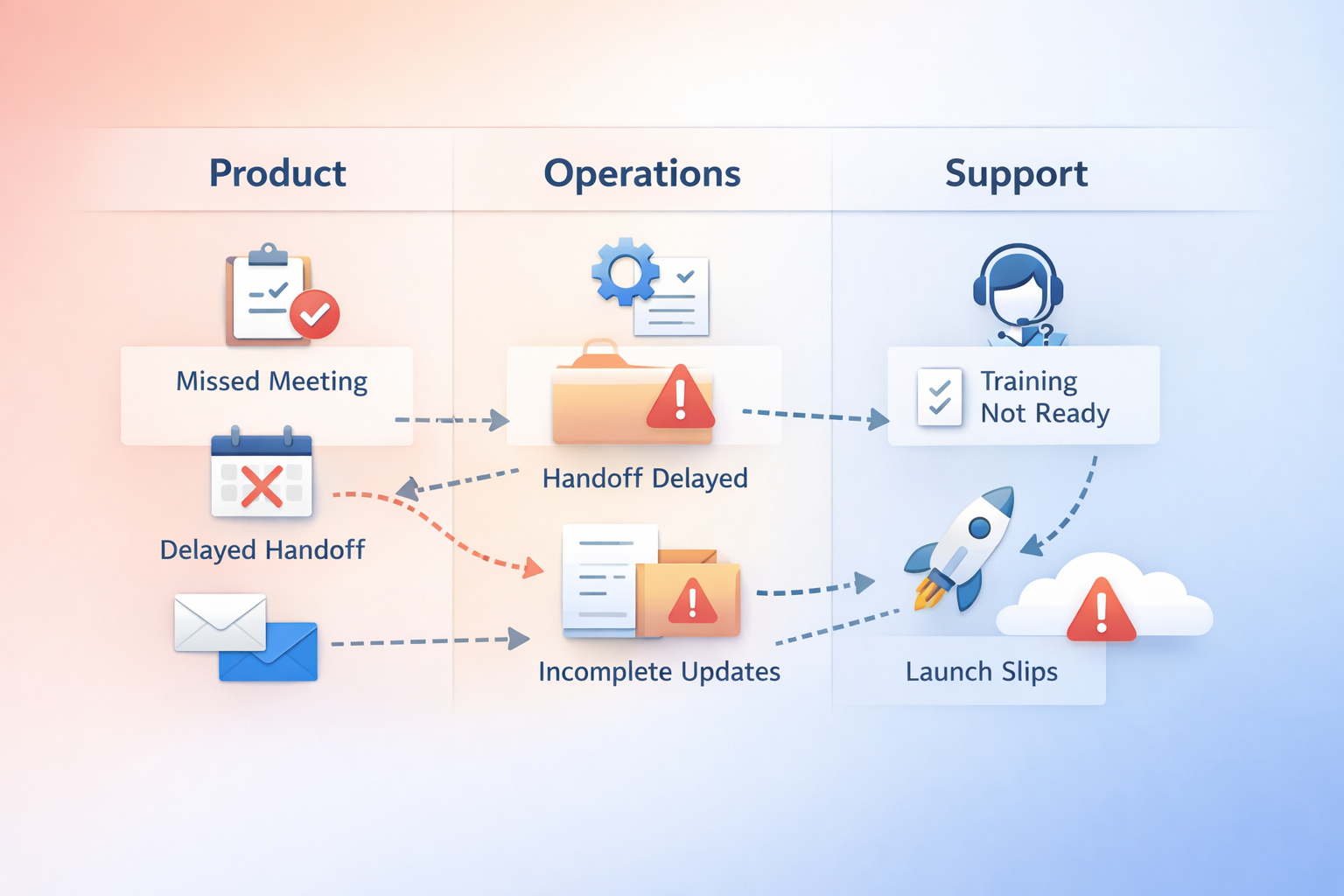 Illustration of execution drift in a cross-functional team showing missed reviews, delayed handoffs, and small gaps.