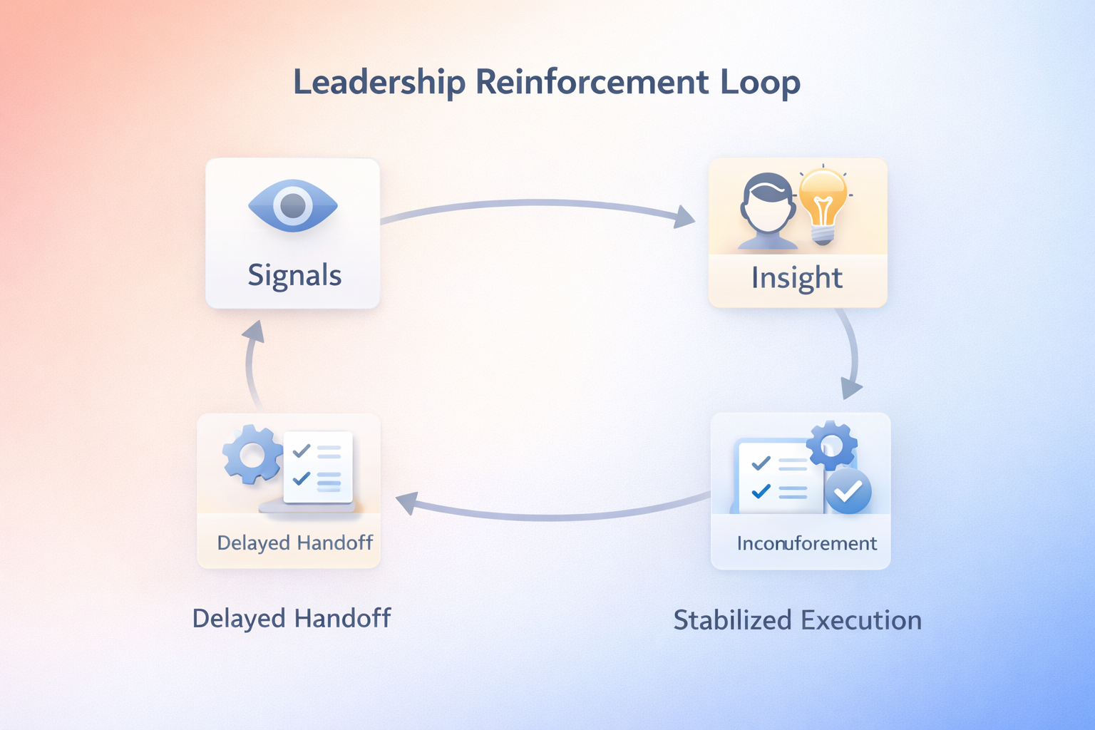 Diagram of a leadership reinforcement loop showing how signals lead to insight, reinforcement, and stabilized execution.