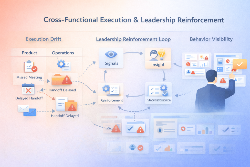 Feature image showing cross-functional execution drift, leadership reinforcement loop, and behavior visibility in workflows with executive observing dashboards.