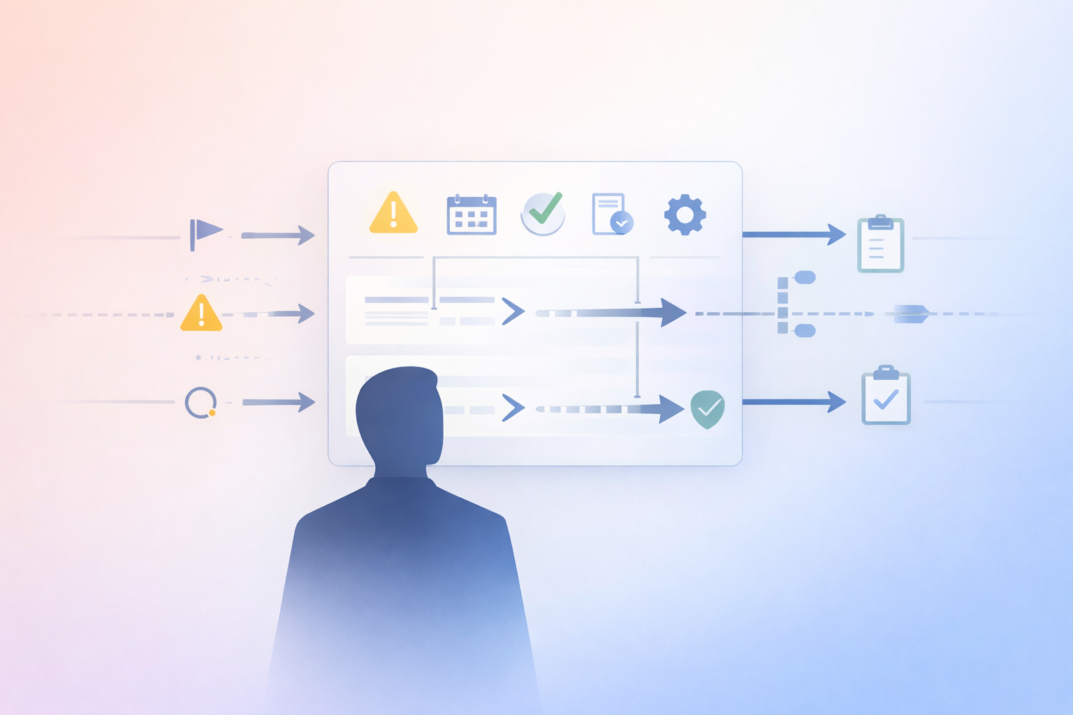 Minimal dashboard illustration showing leadership monitoring checkpoints and reinforcing actions across teams.
