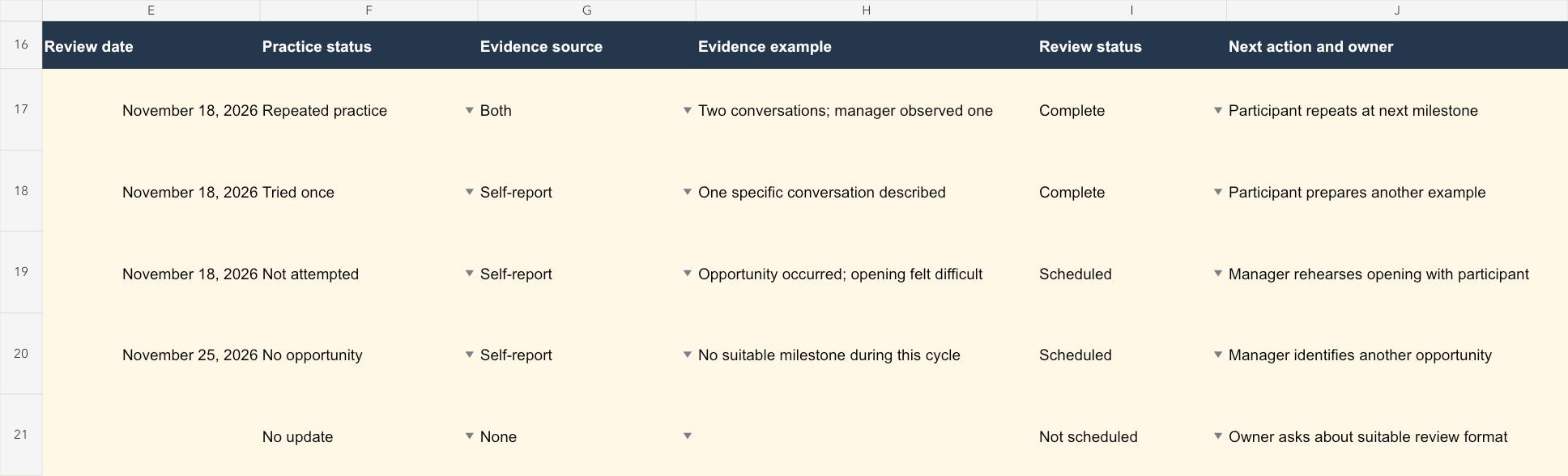 Actual Excel tracker showing practice status, evidence source and next action